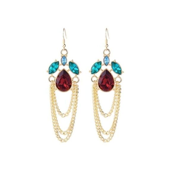 Red Green Crystal Floral Leaf Chain Gold Hook Dangle Statement Earrings - Picture 1 of 10
